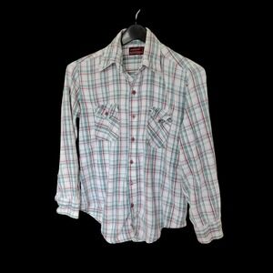70's Kingsport Plaid Flannel Shirt Green White Cotton Button‎ Down M